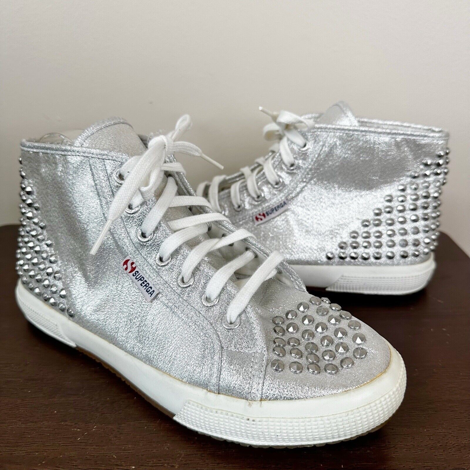 NEW Superga Sneakers Unisex Adults Silver Studded High Top Lace Up Shoes