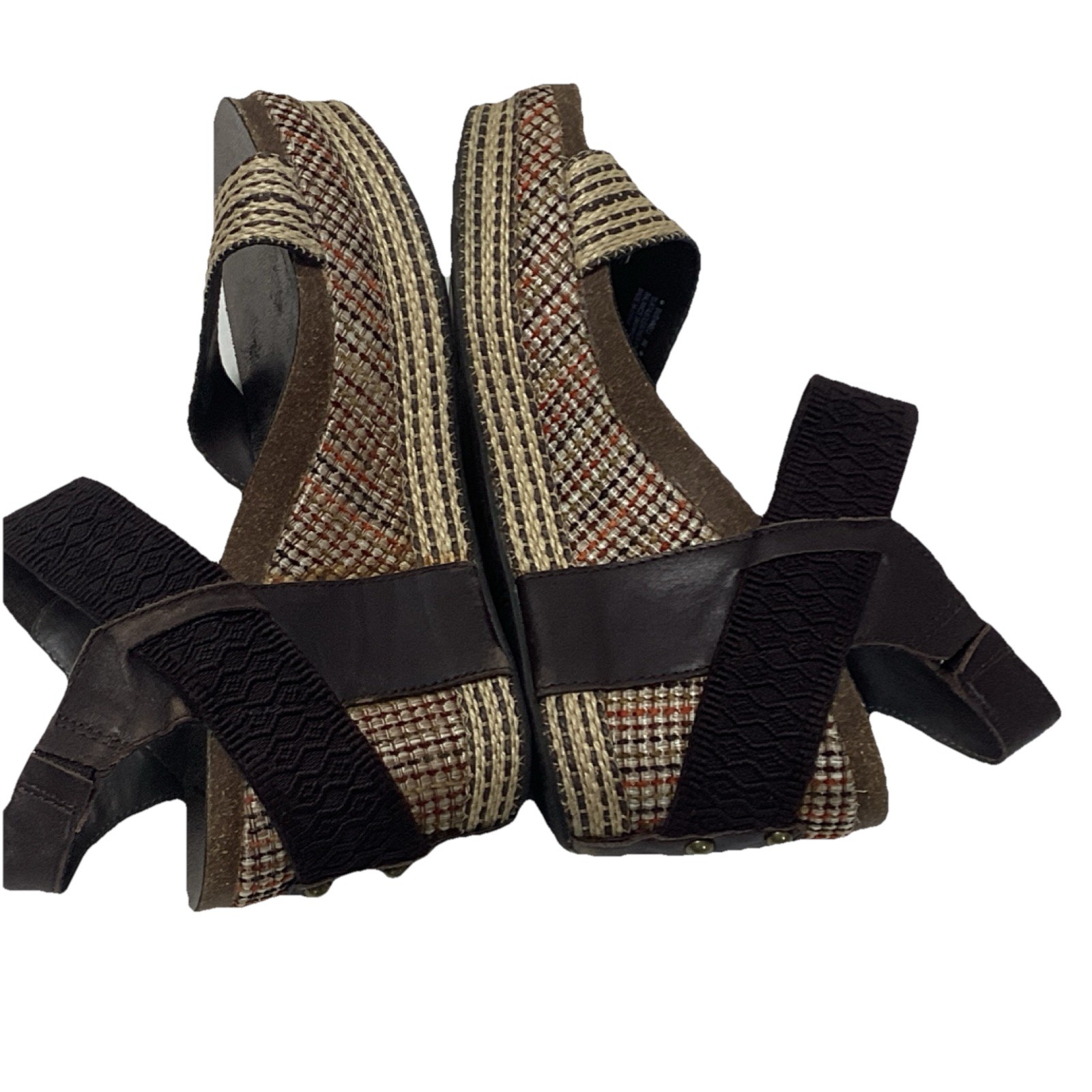 OTBT Strappy Wedge Sandals Brown Beige Textile Leather Studded Hook & Loop 9.5