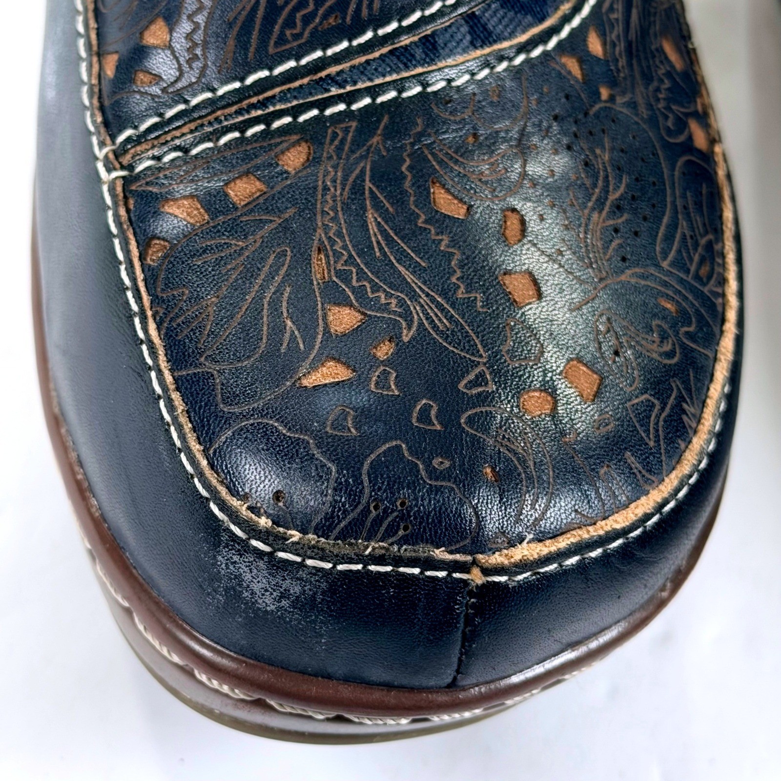 Spring Step L’Artiste Burbank Clogs Womens 37/6.5-7 Blue Floral Leather Slip On