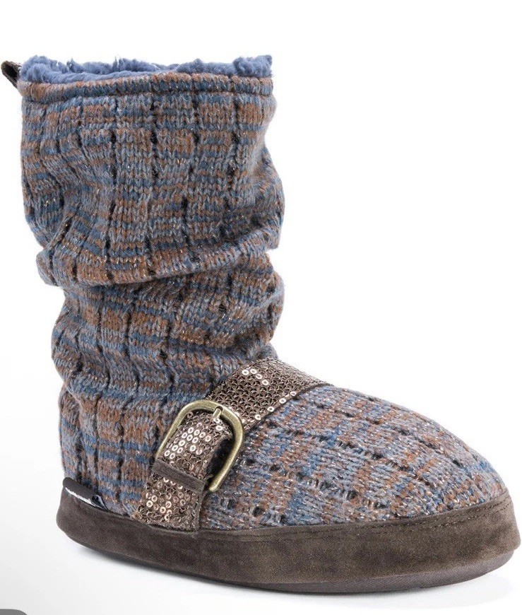 NWT Lia Bootie Slippers By Muk Luks Blue With Bronze Sequins & Thread