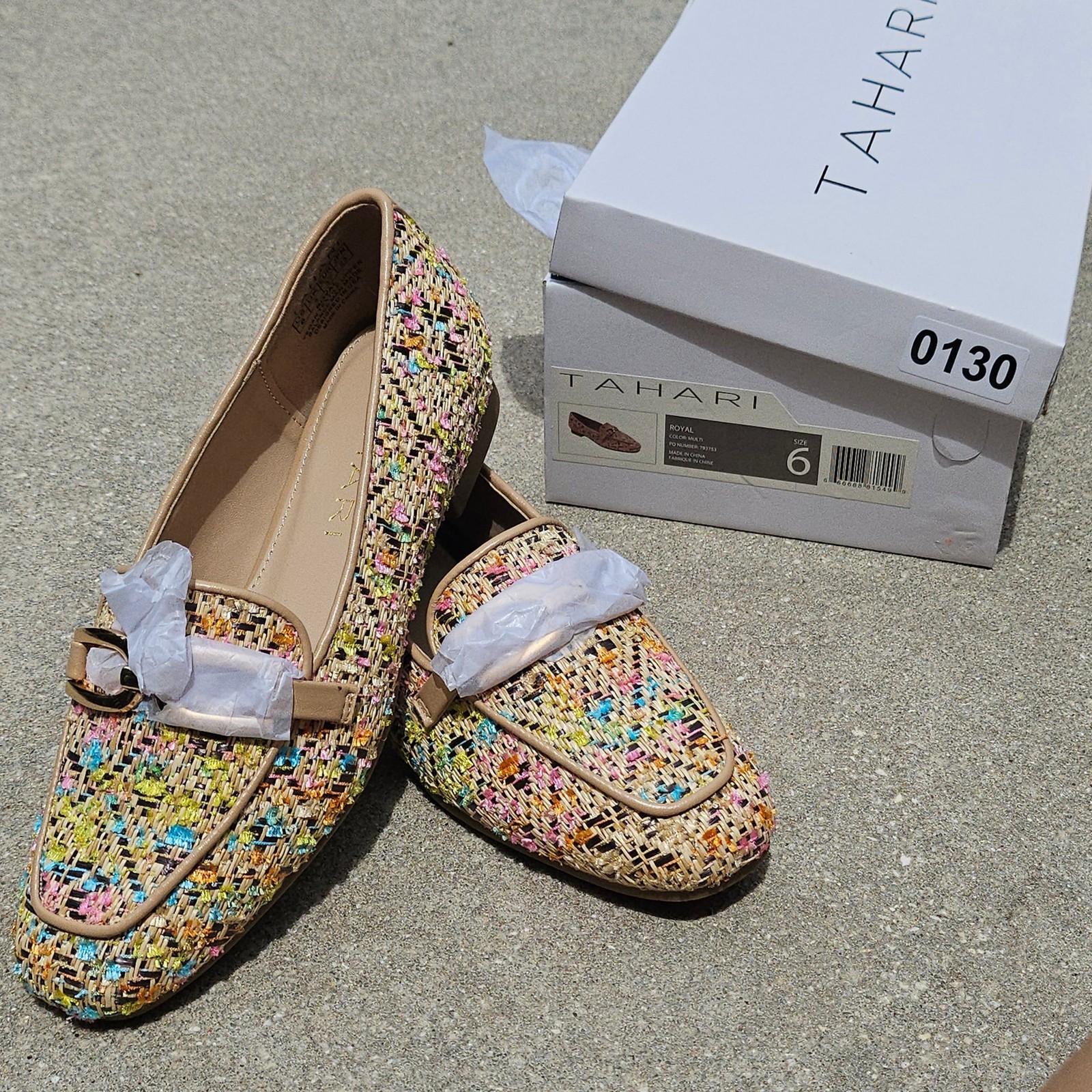 Tahari Royal Multi-Color Tweed Slip-On Loafers with Buckle Detail