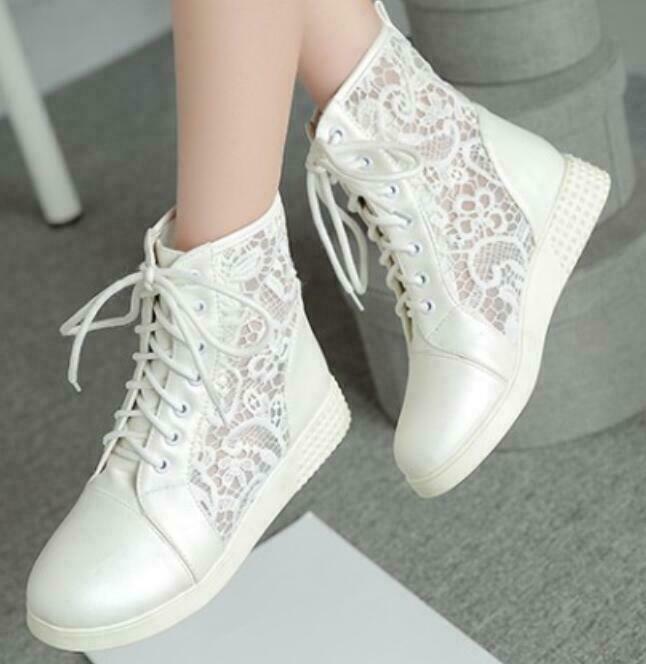 Womens Lace Up Mesh Wedge Hidden Heel Round Toe Faux Leather Ankle Boots Shoes