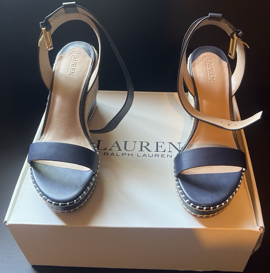 Lauren Ralph Lauren Women’s Navy Leather Open Toe Ankle Strap Wedge US 9.5B.