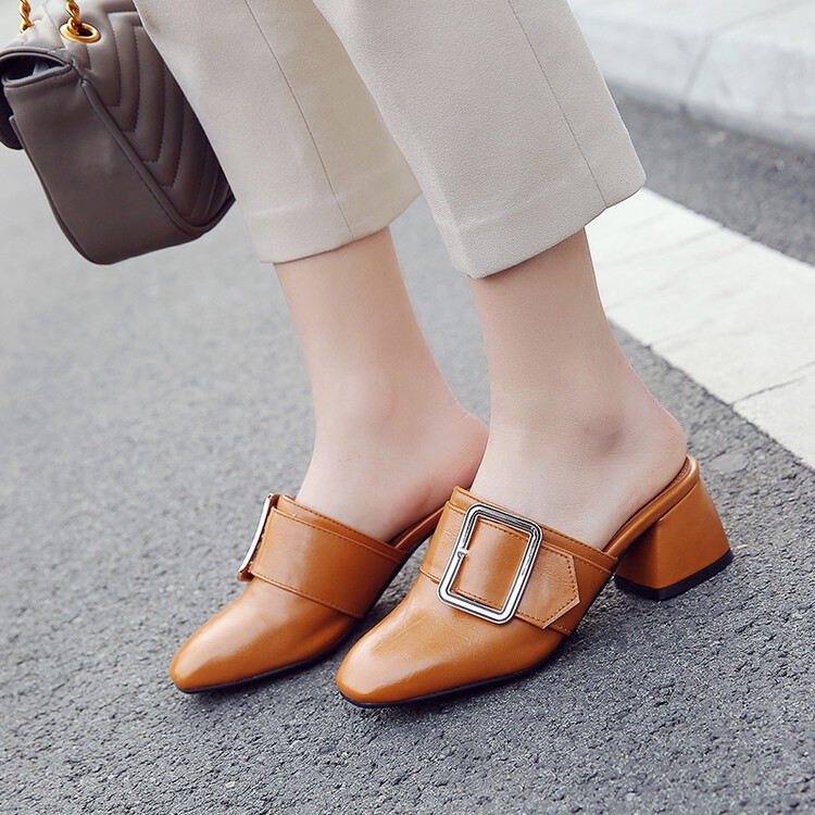 Women’s Faux Leather Slippers Block Heels Slip On Mule Slingback Dress Sandals