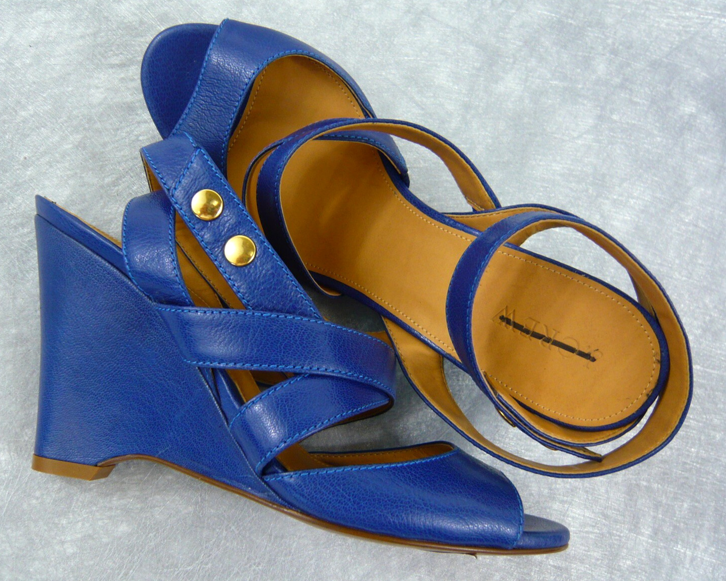 NEW J. CREW Retail $225 STRAPPY LEATHER WEDGE SANDALS CASABLANCA BLUE 7 ITALY