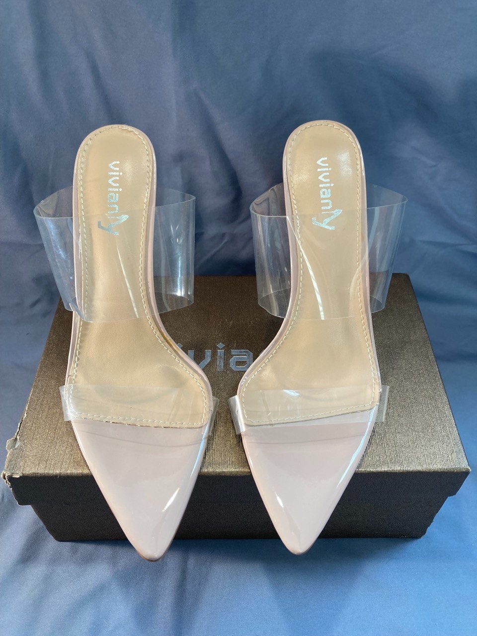 Vivianly Clear Pointed Toe High Stiletto Heels Transparent Strap Sandals Nude 8