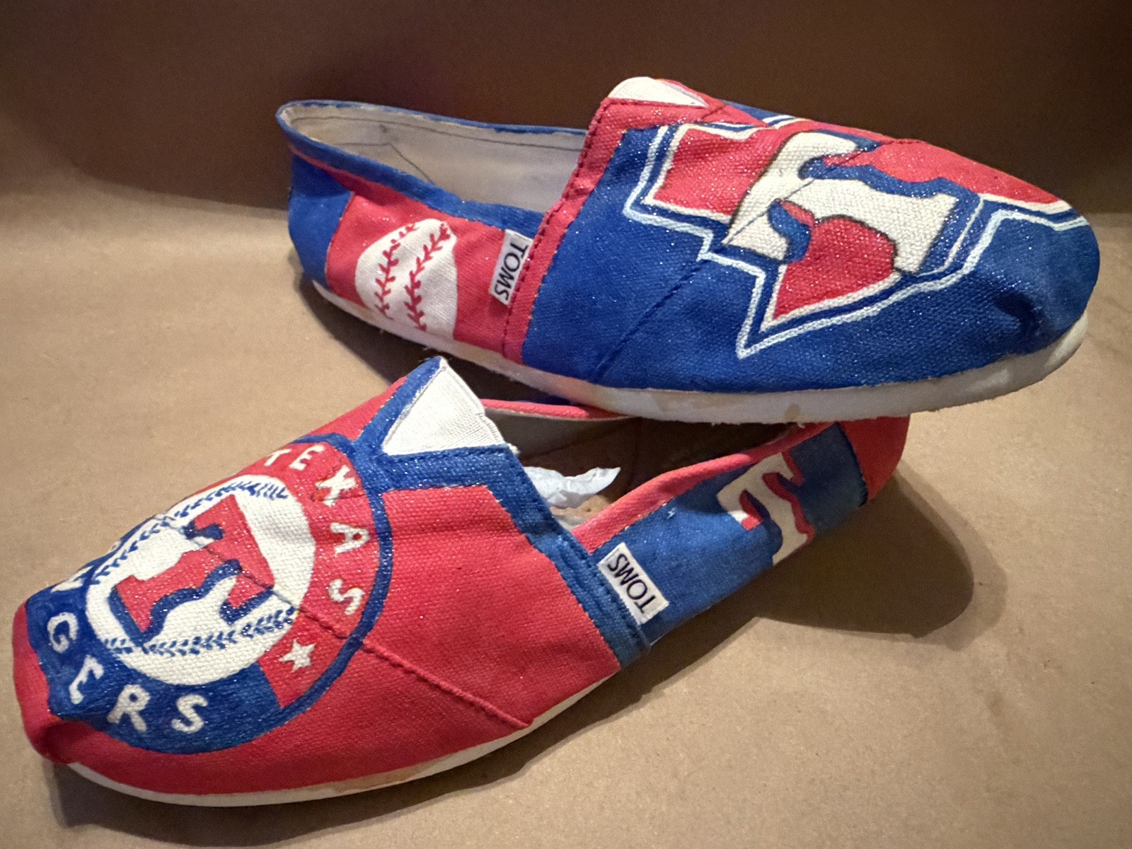 TOMS Custom Hand Painted Texas Rangers Womens Size 9 shoes