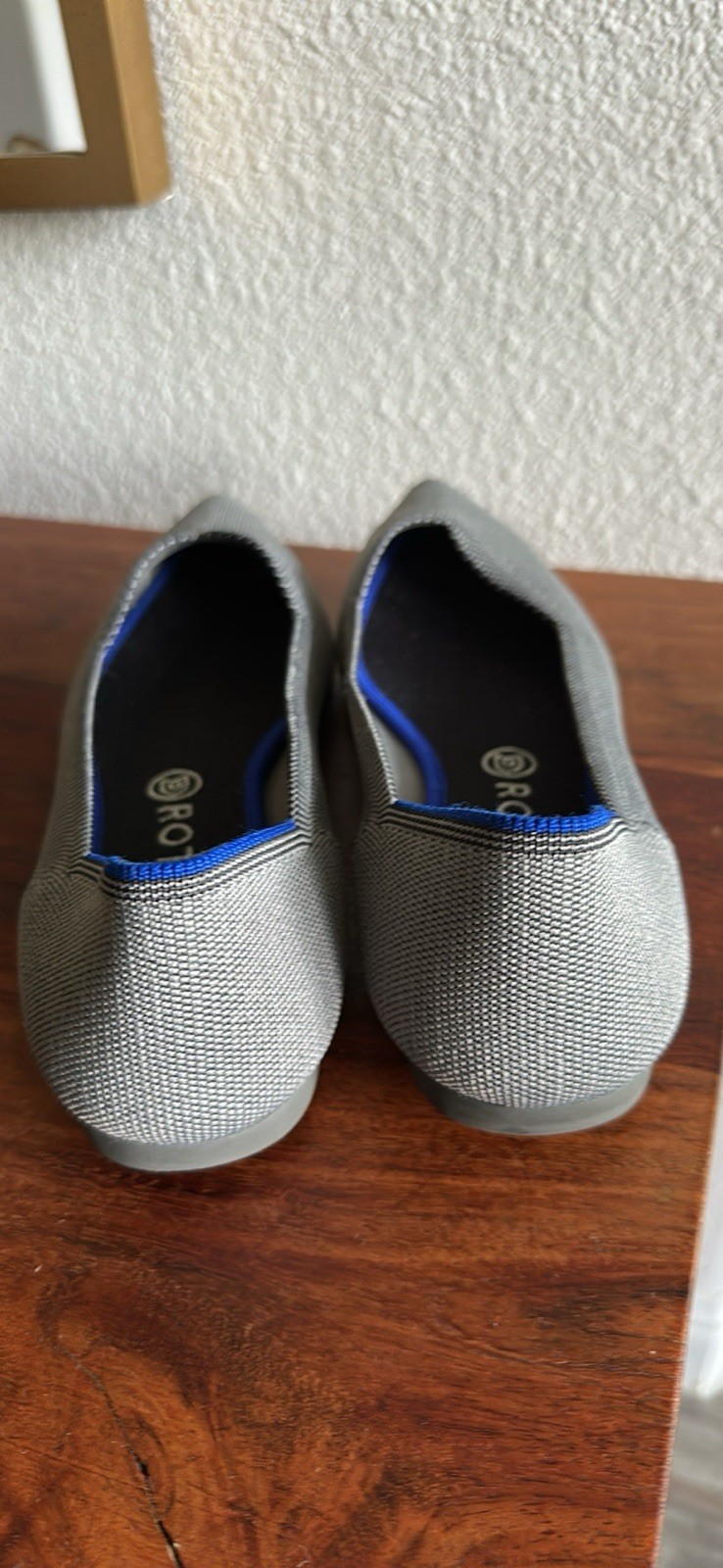 Rothy’s Gray/Blue Knit Logo Pointed Toe Flat Women’s Slip-On Lightweight Size 11