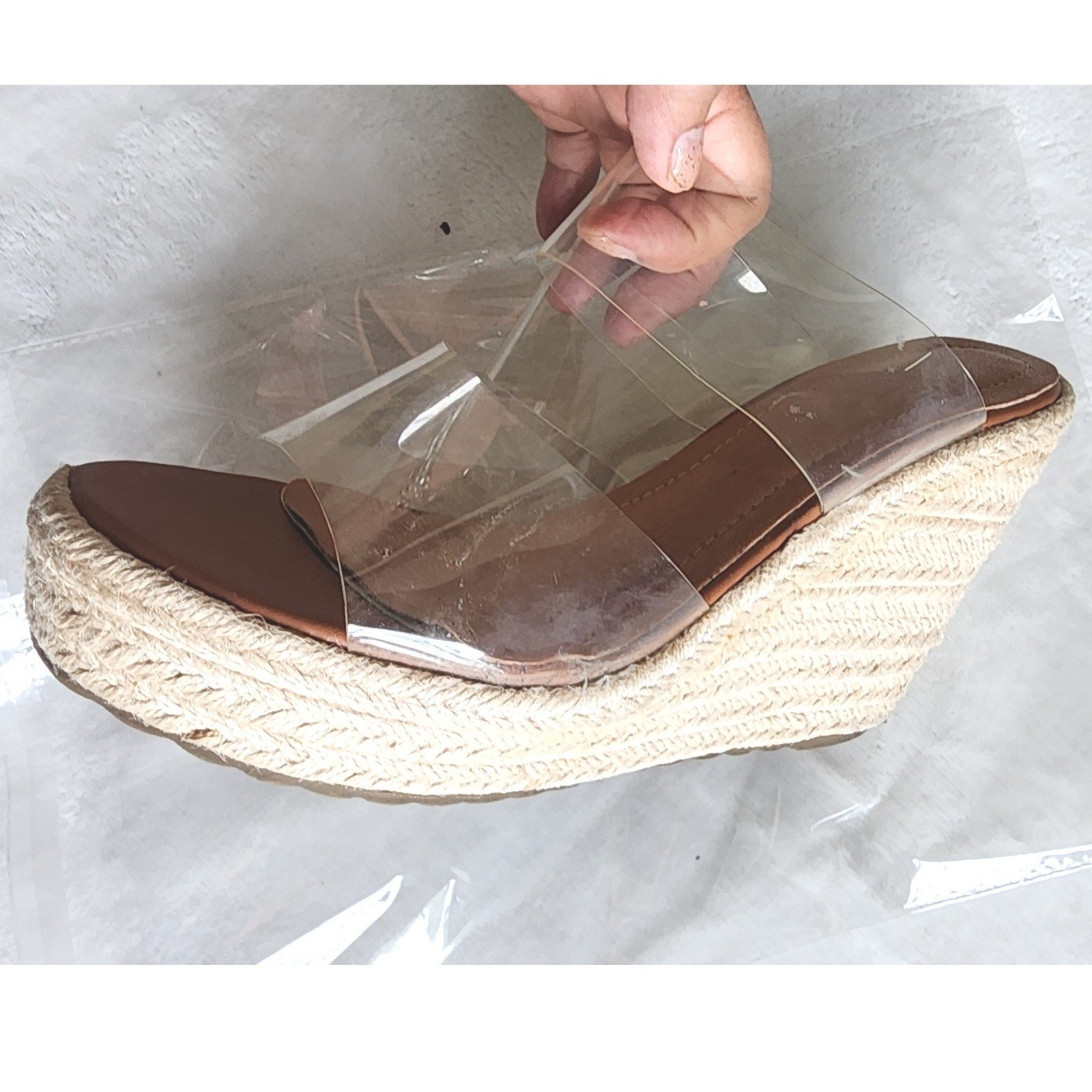 Clear Double Strap Espadrille Wedge Sandals Brown Jute Platform Slides Women 7.5