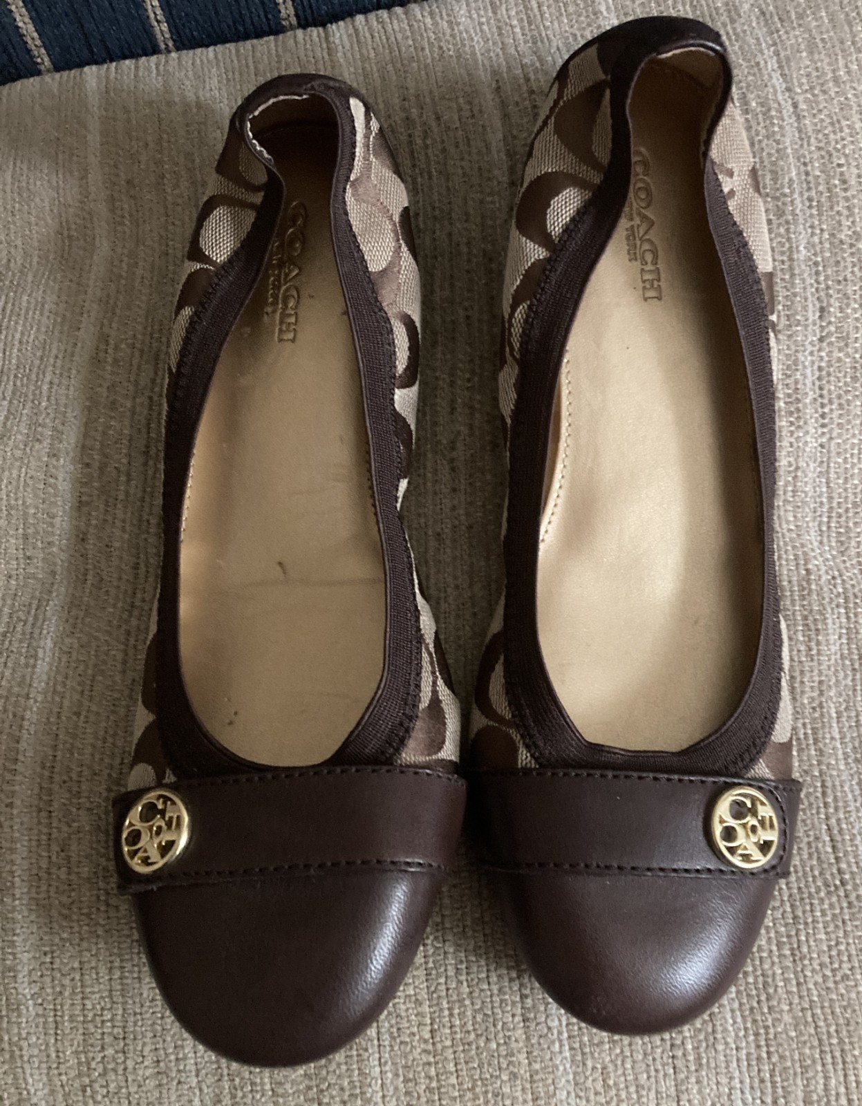 COACH WOMEN’S CHELSEY BALLET FLATS BROWN SIGNATURE CANVAS LEATHER CAP TOE SZ 6B