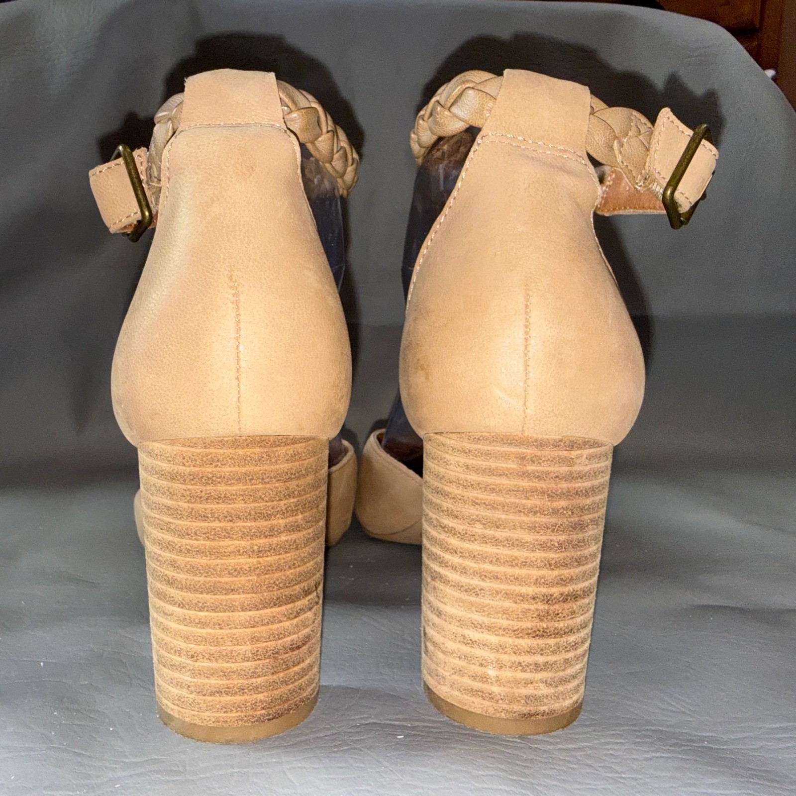 Lucky Brand Memyia Tan Leather Braided Ankle Strap Block Heel Pumps Shoes 9.5M