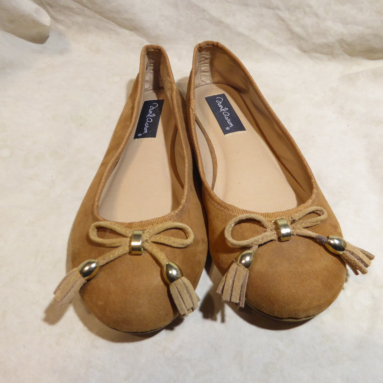 🩰 David Aaron Ballet Flats sz 8.5 M Butterscotch Brown Suede; Tasseled Bows