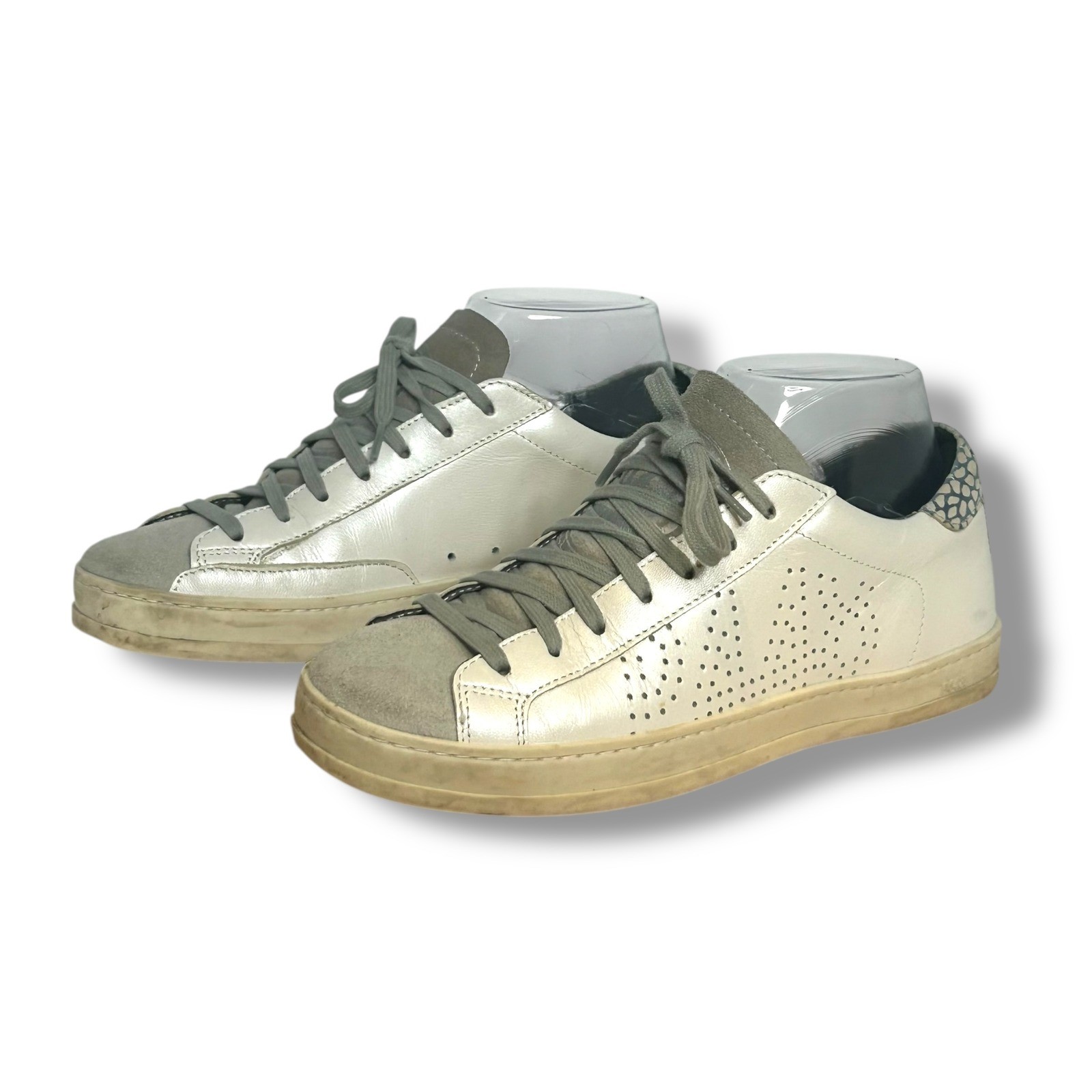 P448 Womens White Silver Perforated Leather Suede Low Top Sneakers US 6.5 EU 36