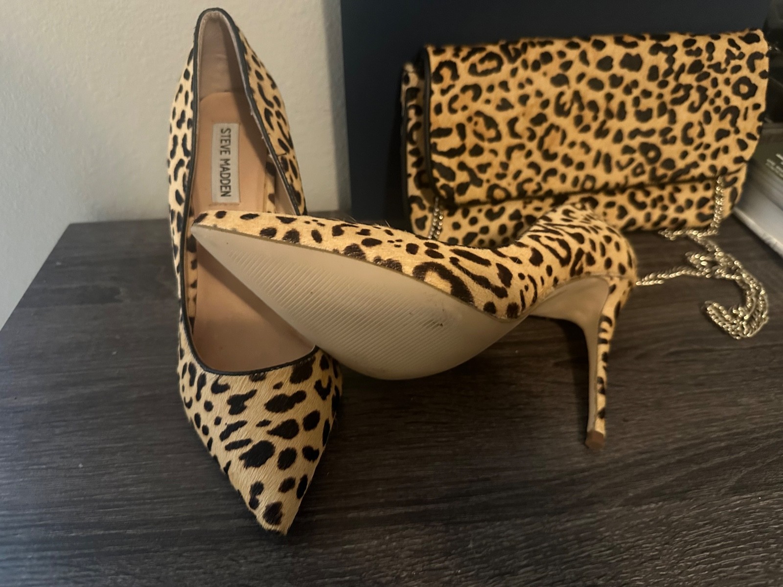 Steve Madden leopard print calf hair pumps and matching clutch set