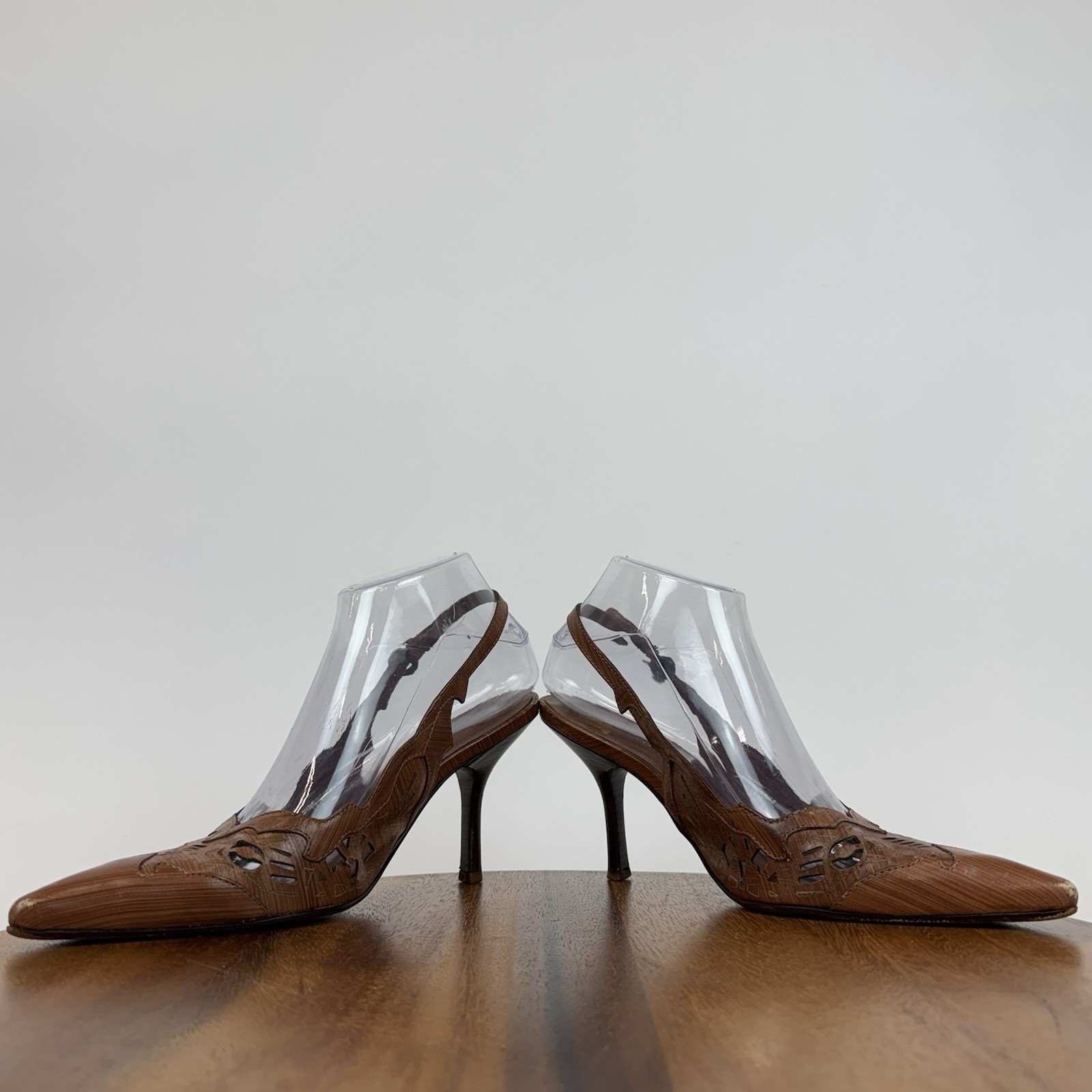Womens Schutz Christina Brown Leather Cutout Slingback Pointed Toe Heels Size 6