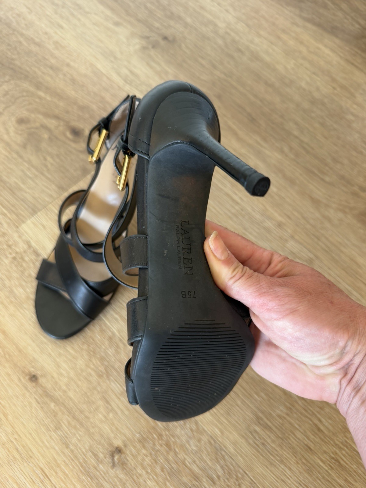 Lauren Ralph Lauren Black Leather Open Toe Ankle Strap Buckle Heels 7.5B