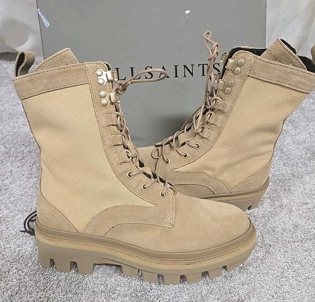 All Saints Beth Canvas Suede Leather Lace/Zip Up Combat Boots Sand Women’s Sz 40