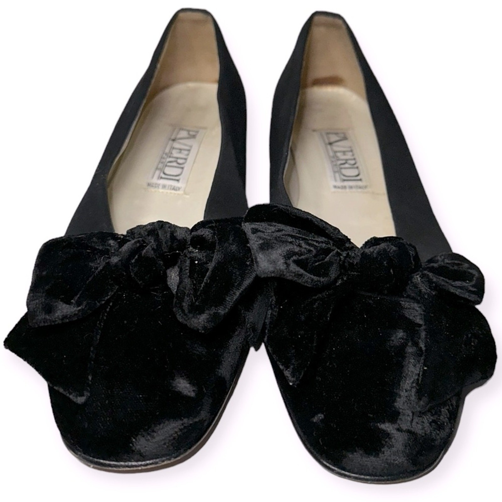P. Verdi Paris Womens Size 37 6.5 Black Velvet Bow Cap Toe Slip On Loafers Flats