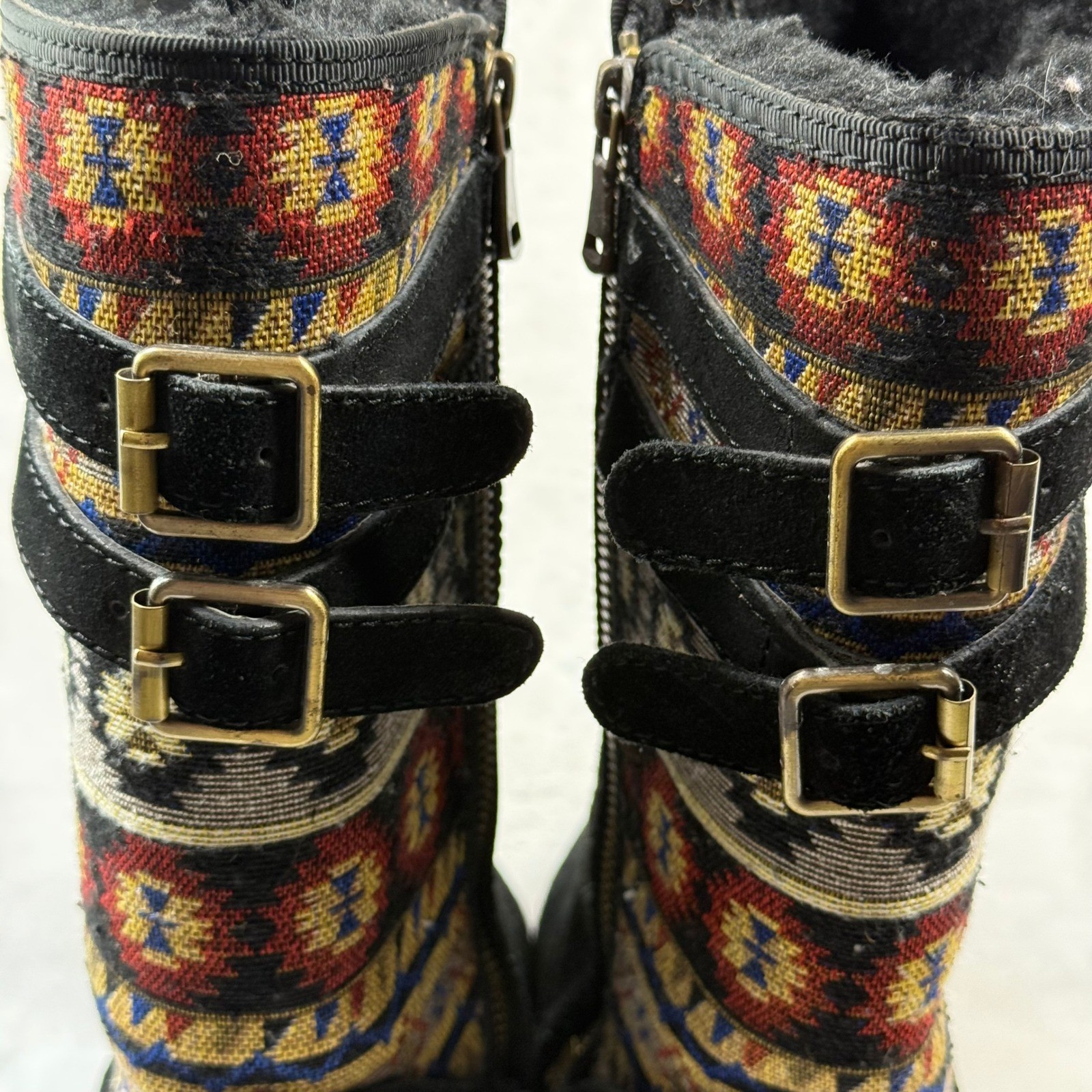 Lam Malanie Black Suede Southwestern Tribal Buckle Mid-Calf Winter Boots 7