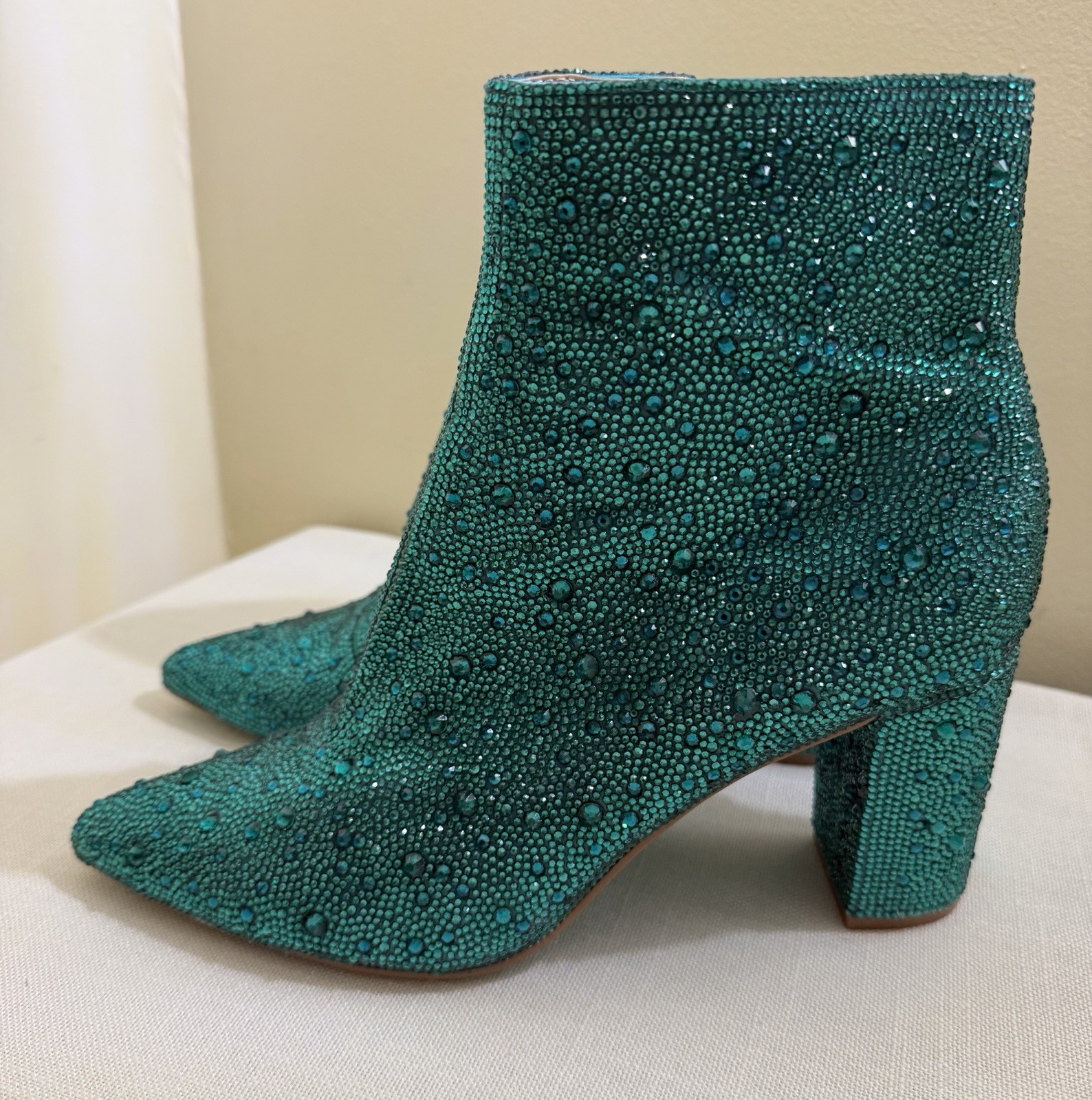Betsey Johnson Emerald Green Cady Rhinestone Block Heel Ankle Boots 9.5