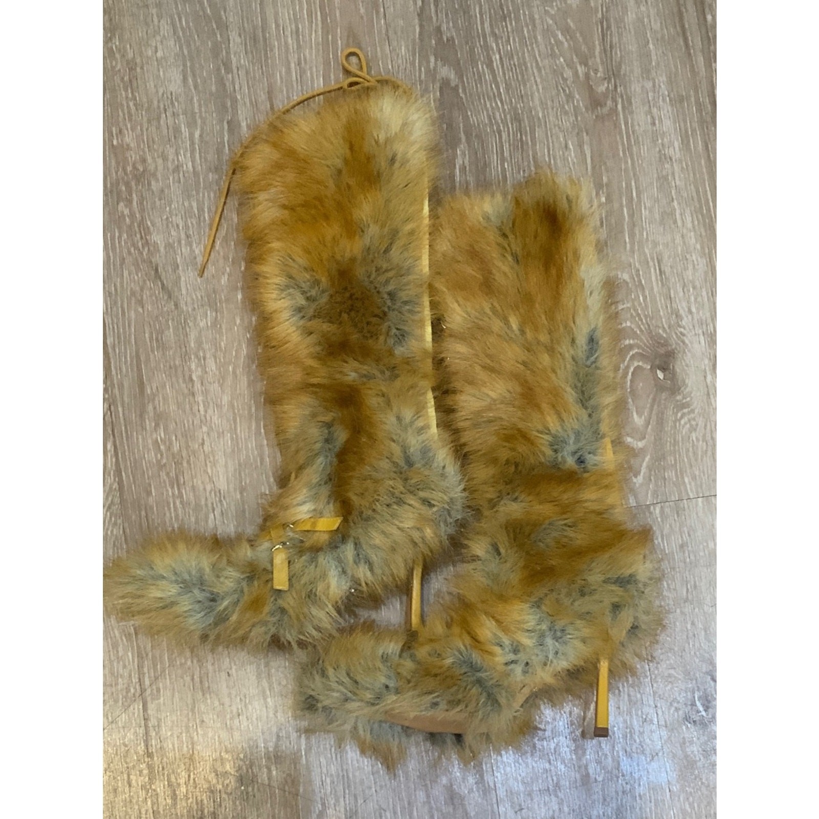 Faux Fur Knee-High Heeled Boots in Mustard Yellow