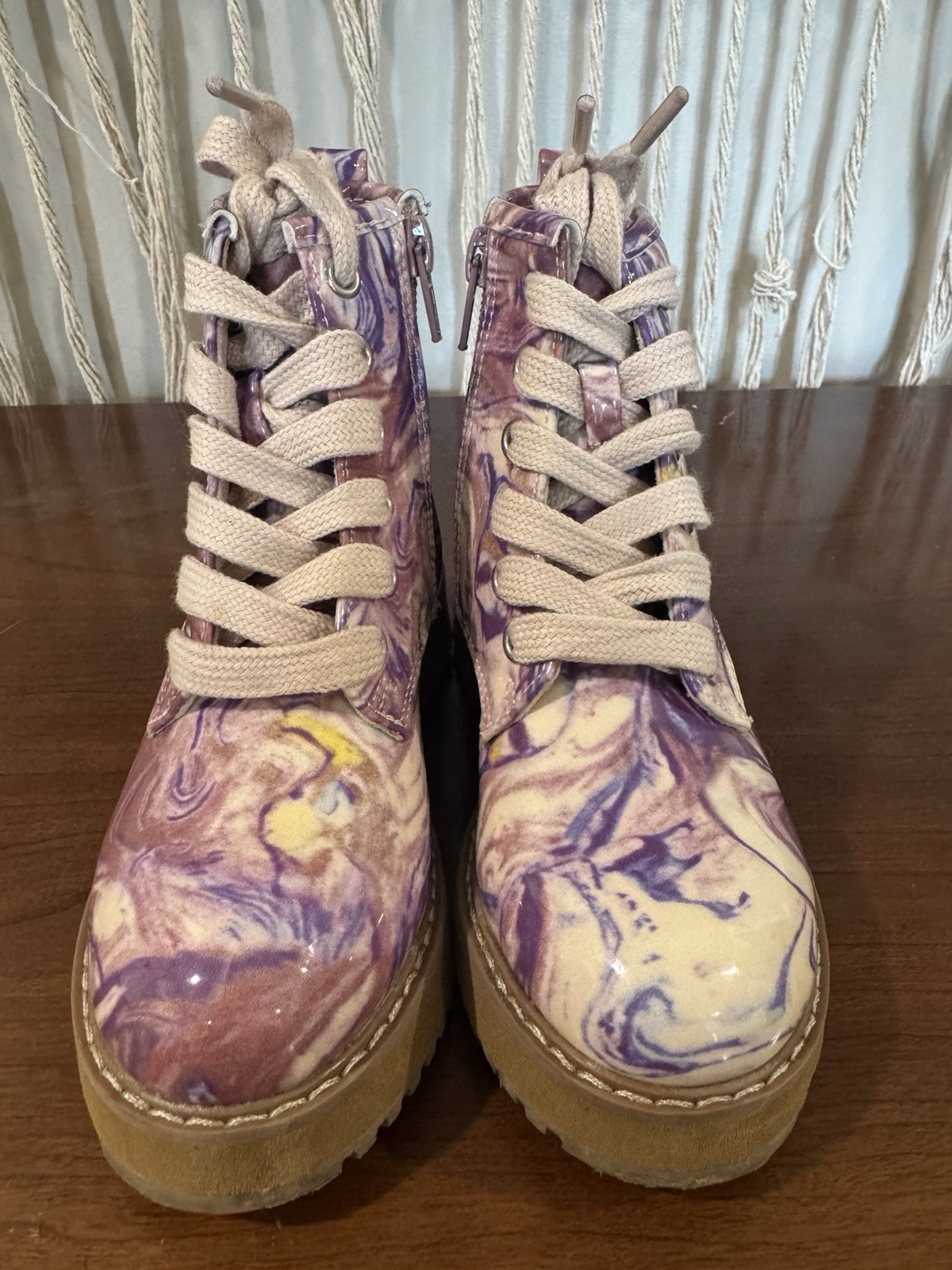 Steve Madden Tolowa Girl’s US 9 Purple/Beige Marble Ankle Combat Boot Lace+Zip