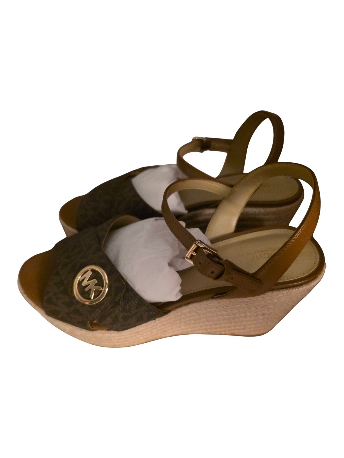 Michael Kors Brown/Beige MK Logo Platform Wedge Sandals Buckle Ankle Strap 10