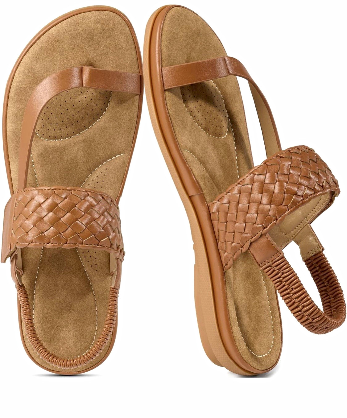 Women’s Brown Thong Sandals Woven Braided Straps Hook & Loop Elastic Back 12