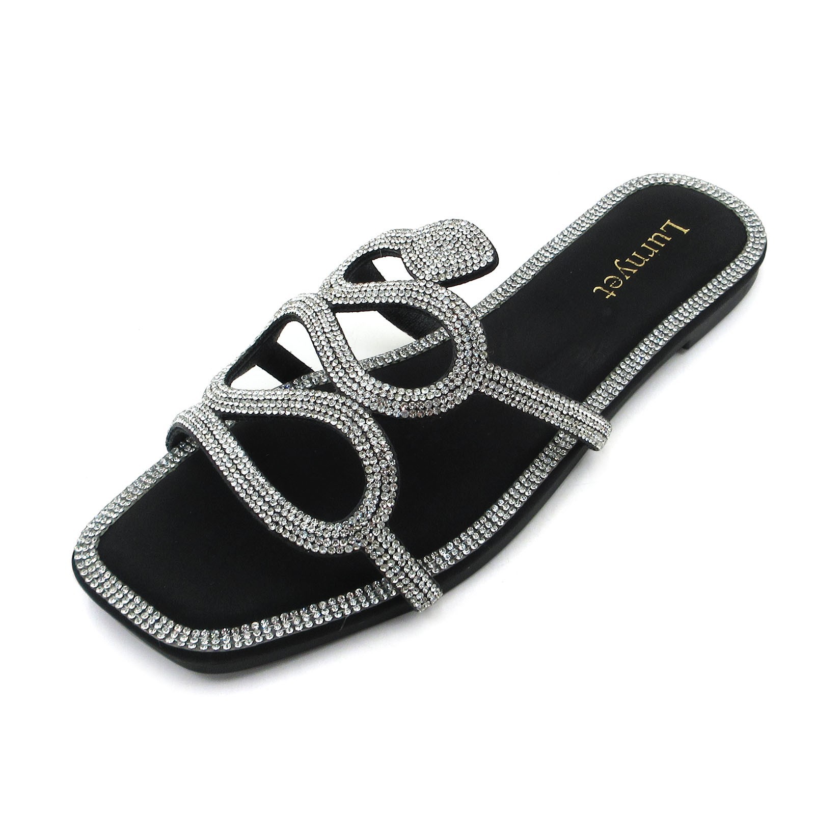 Lurnyet Wlomen’s Cushioned Summer Crystal Rhinestone Square Toe Sandal
