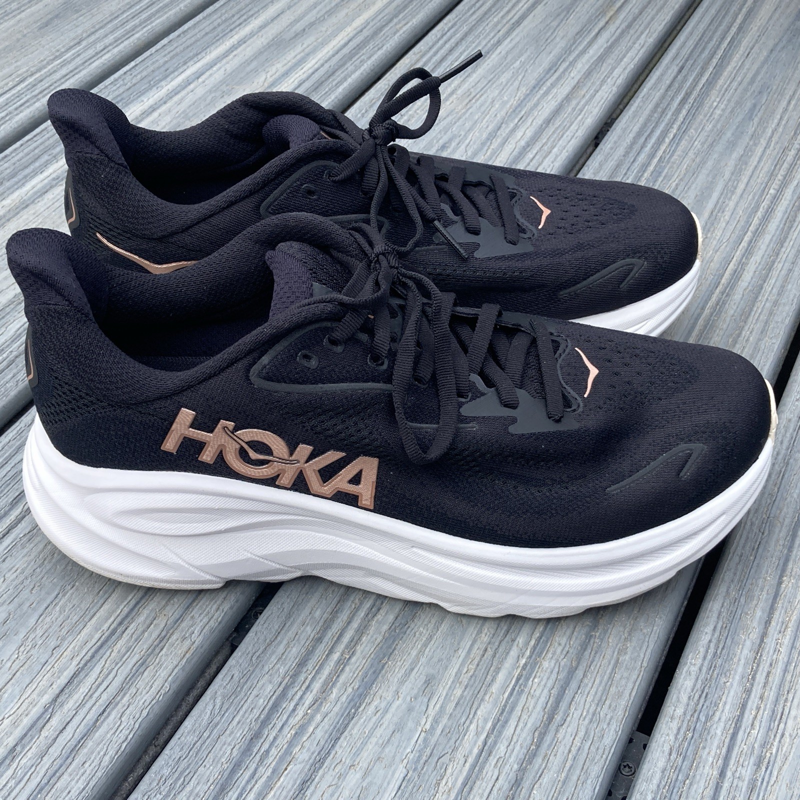 Hoka Clifton 10 Shoes Women 9.5 Black/ Rose Gold Athletic Running Sneaker