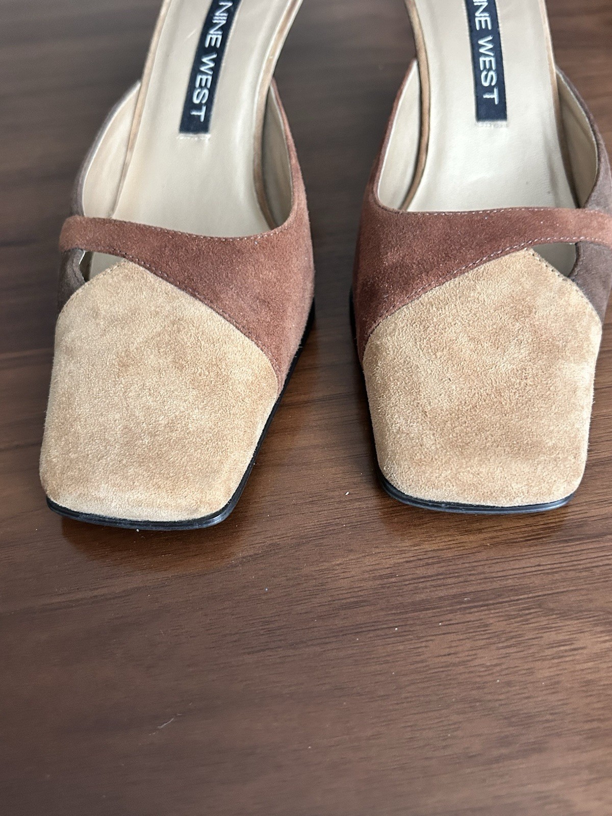 Nine West Women’s Suede Colorblock Mule Square Toe Slip-On Beige/Brown 5.5M