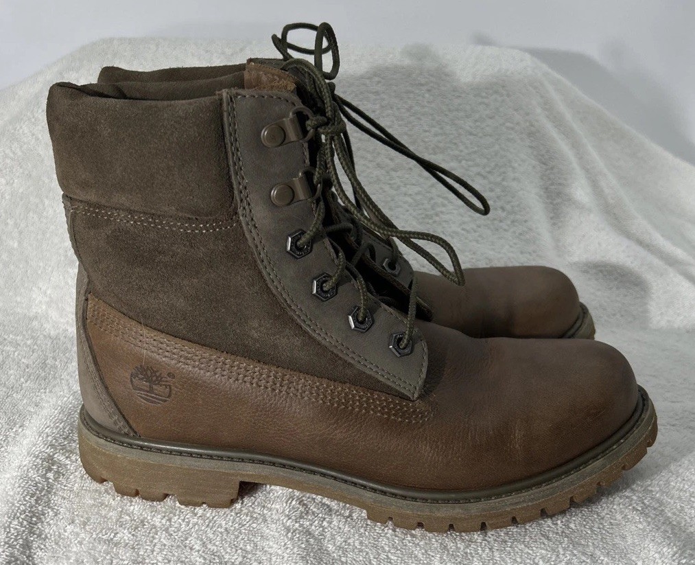 Timberland 6″ Premium Womens Size 9 Brown Gray Leather Suede Boots A19C2 GUC