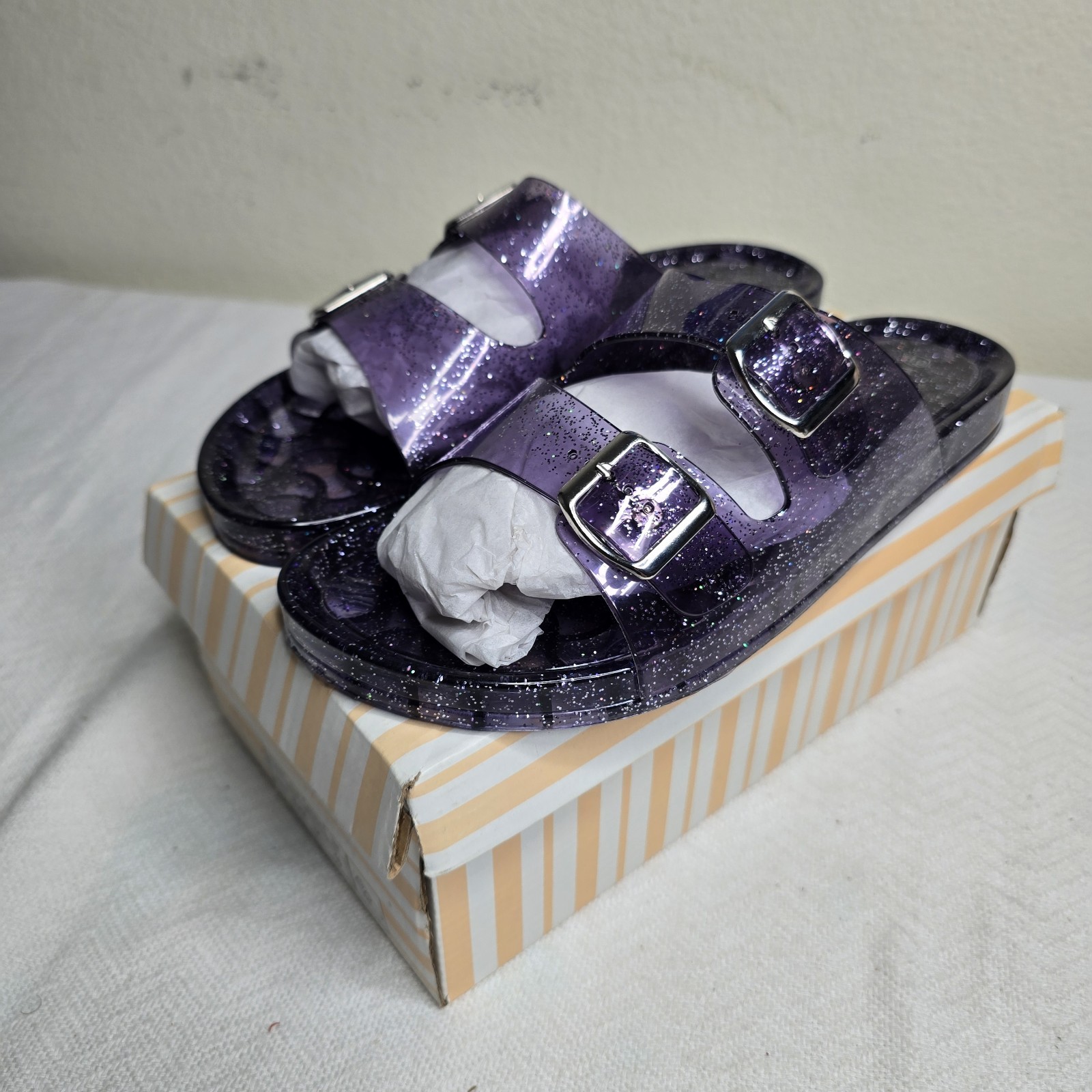 Wild Diva Purple Glitter Double Buckle Adjustable Strap Slide Sandals Women’s