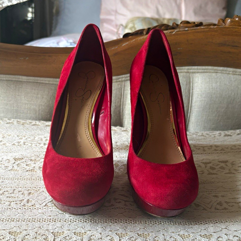 Jessica Simpson Red Suede Platform Stiletto Round Toe Pumps US 7 B