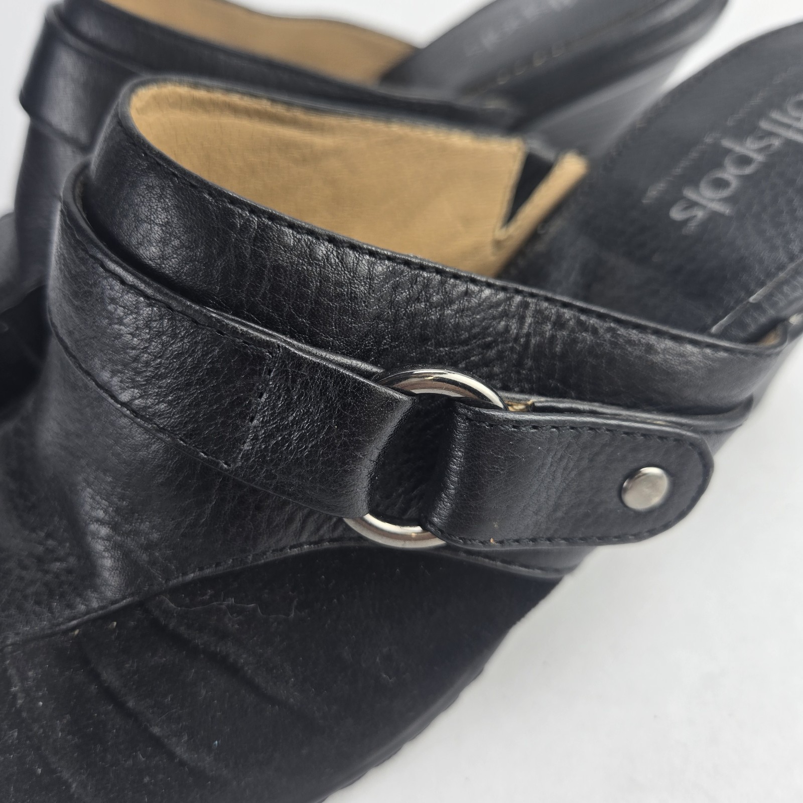 Softspots Slip On Mules Women’s 8M Black Suede/Leather Shoes 2.5in Heel 735701