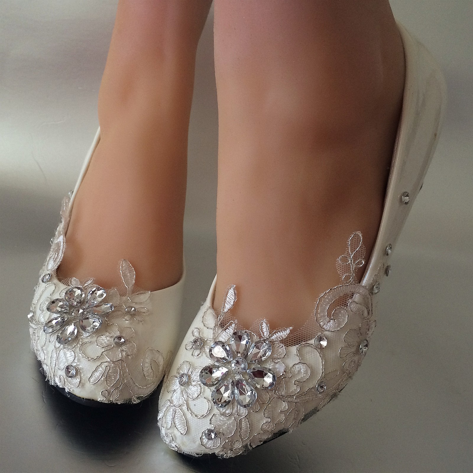 su.cheny- Lace white ivory crystal flats low high heel pump Wedding Bridal shoes