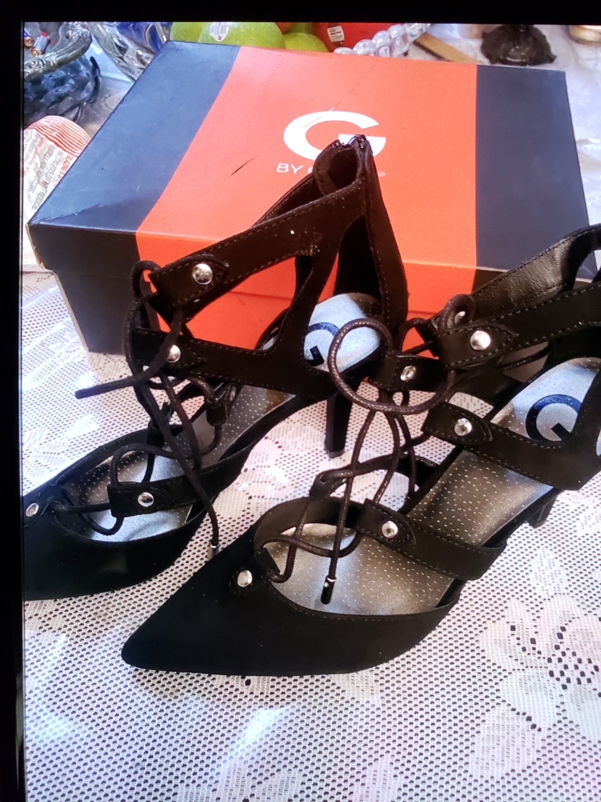 G by GUESS Black Lace-Up Pointed Toe Strappy Stiletto Heels 7.5 M