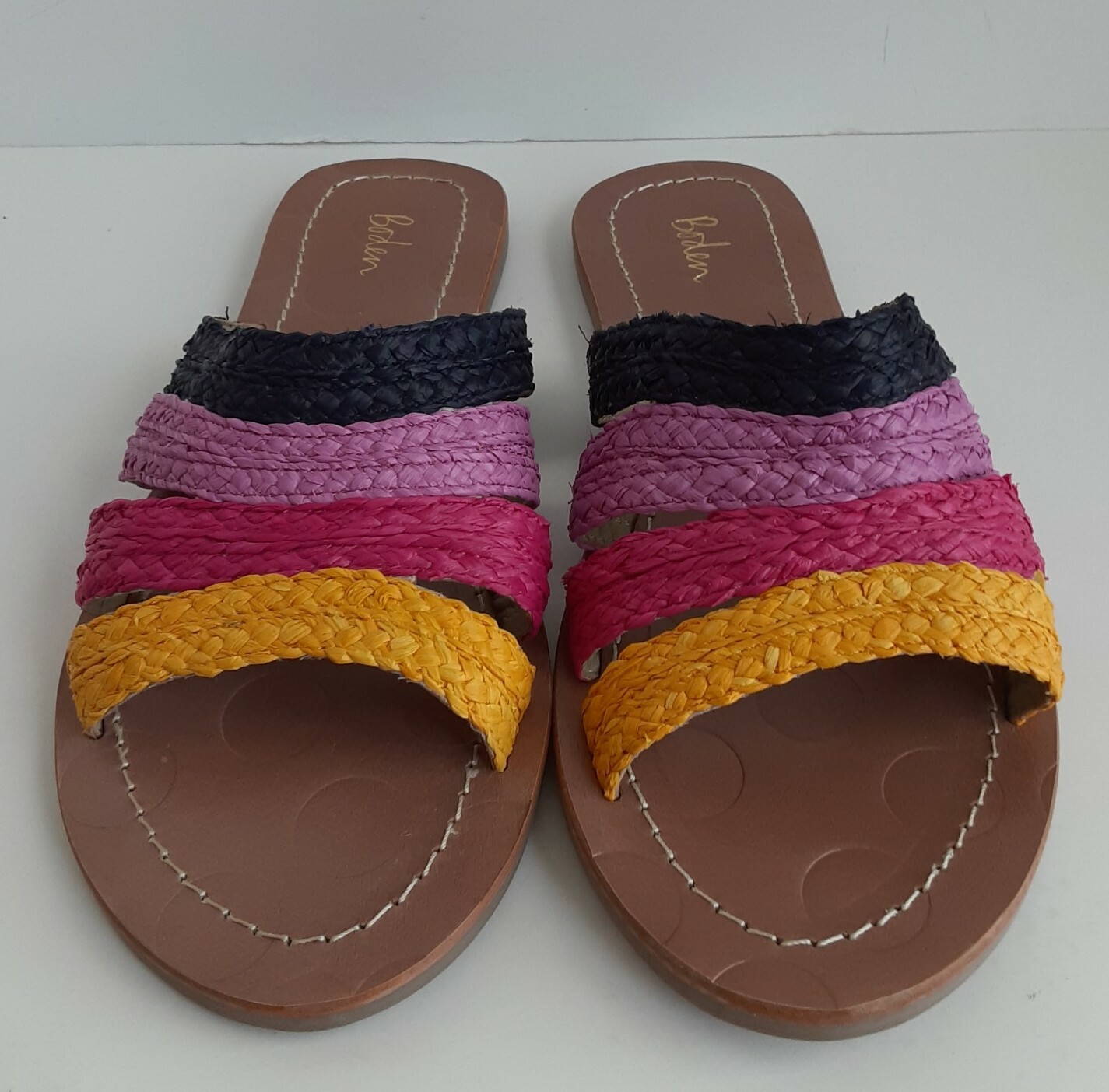 Boden Sandals Size 38 Women’s Colorful Woven Flat Sandals Yellow Pink & Navy