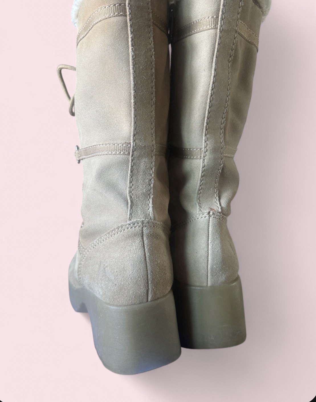 Y2K Vintage Report US W8 Beige Suede Knee High Lace Up Faux Fur Lined Boots