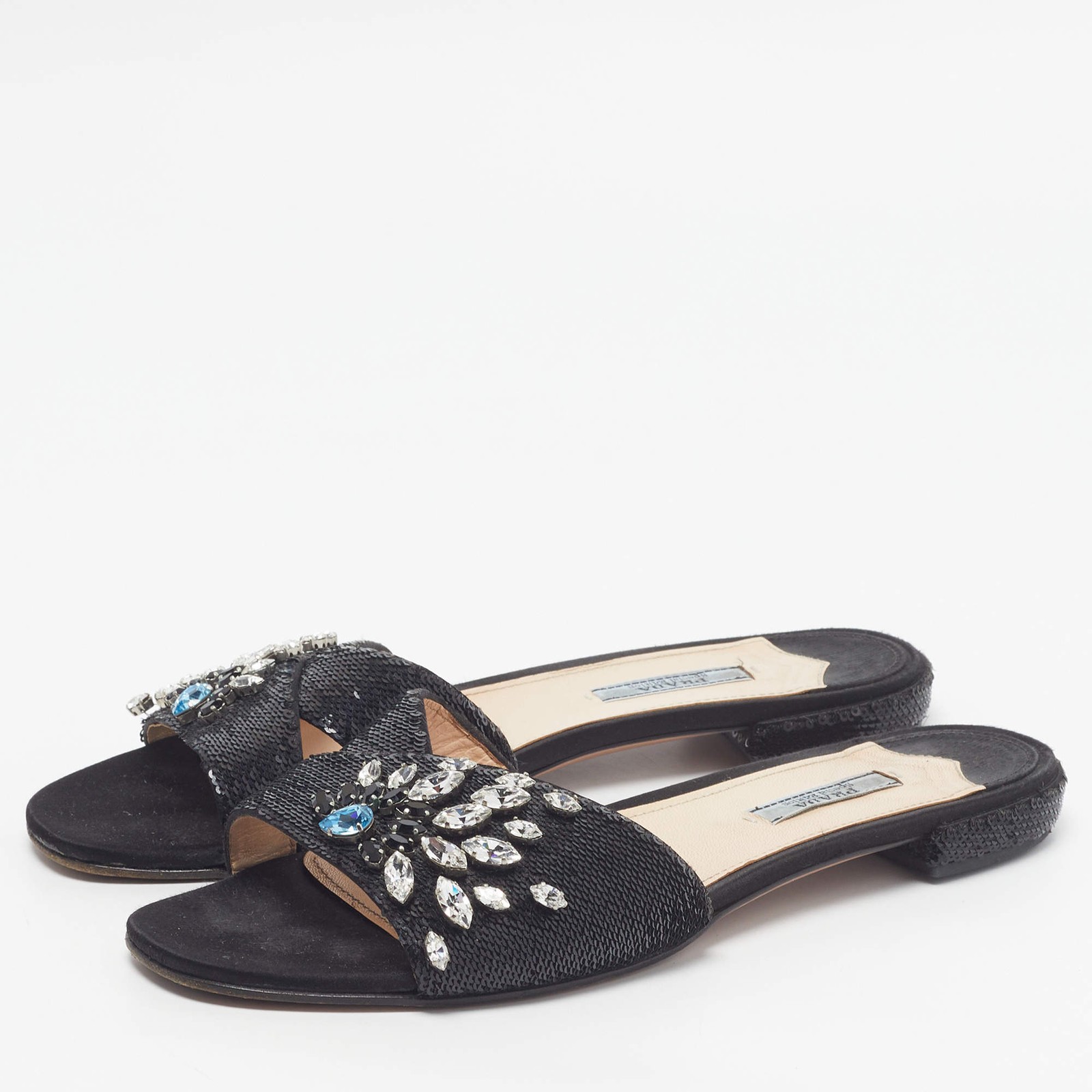 Prada Size 40 Black Sequins Crystal Embellished Flat Slides