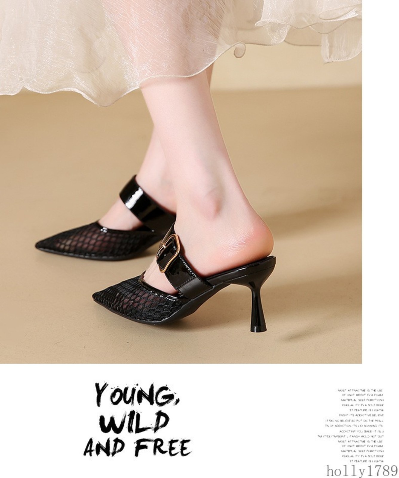Mesh Pointed Toe Mule Heels Women Hollow Out Strap Slip on High Heel Sandals