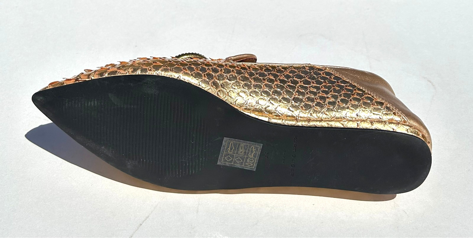 Kurt Geiger London Chelsea Point Flats 8 EU 38.5 Gold Snake Leather w/Eagle NEW