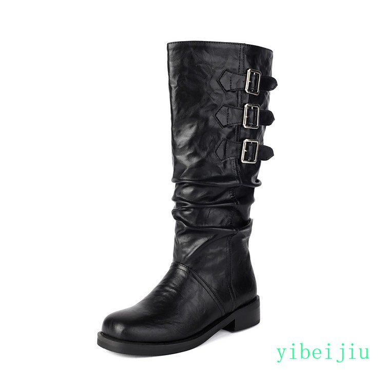 Women’s Riding Knee High Boots Buckles Low Heel Leather Belts Shoes Buckle Punk