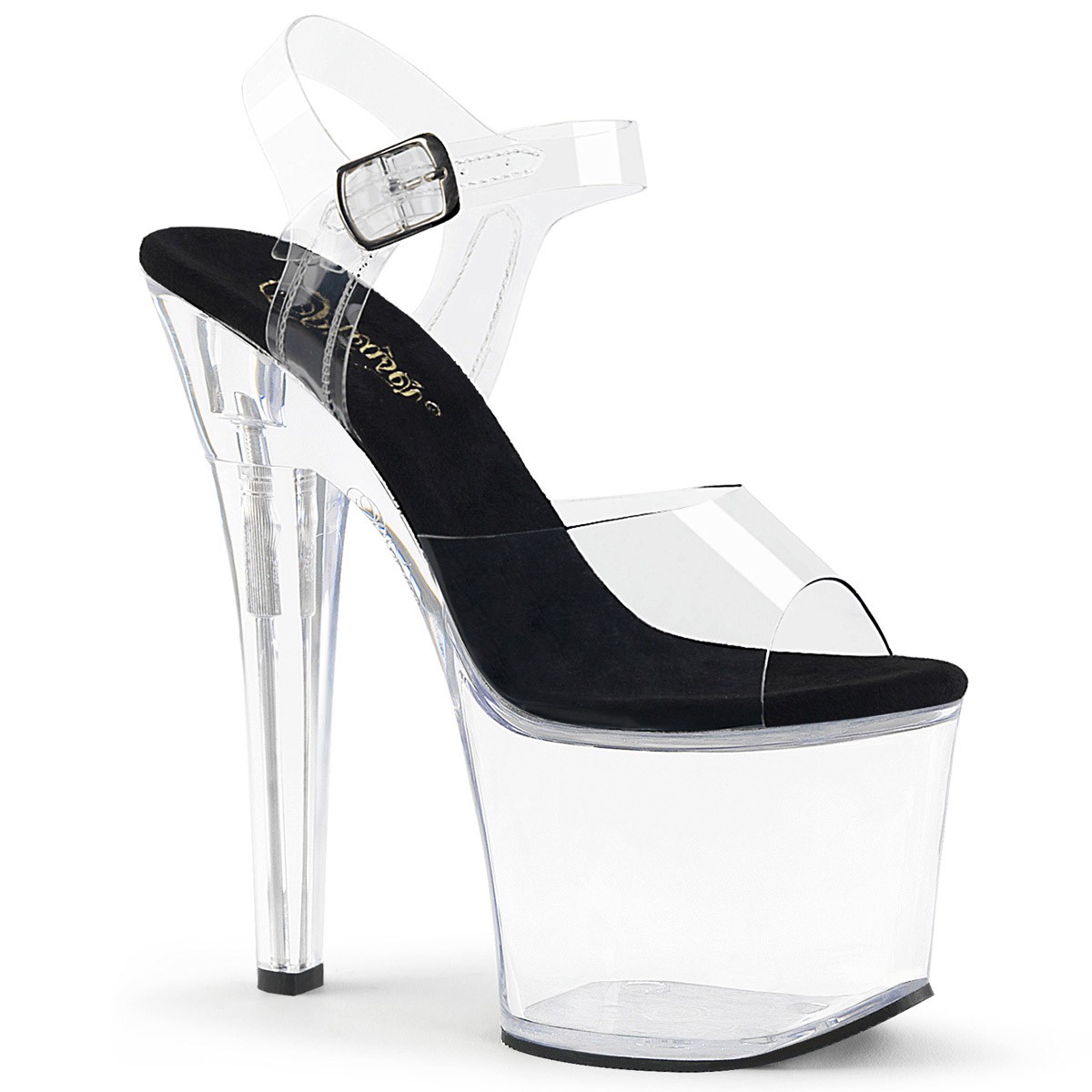 Pleaser 7 Inch Heel 3 1 4 Platform Clear Ankle Strap Clr-Blk/Clr sz 6