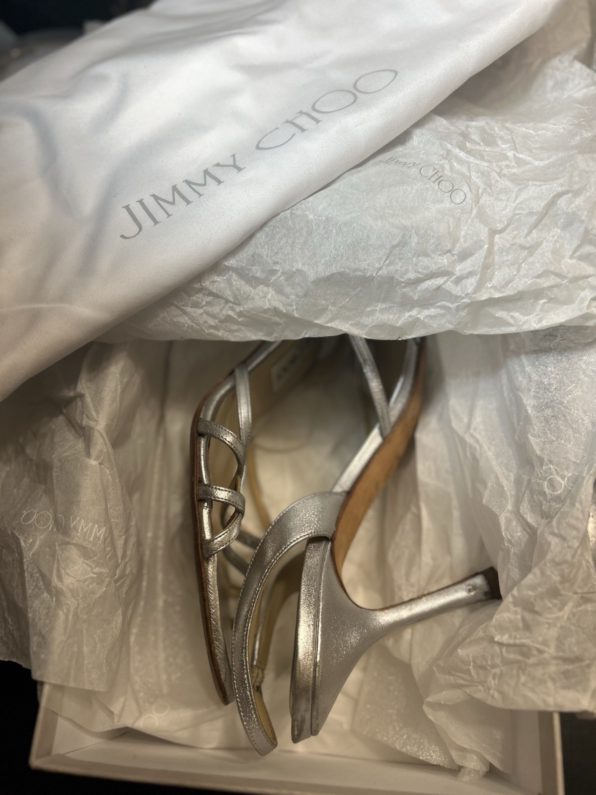 Jimmy Choo Silver Leather Strappy Open Toe Buckle Stiletto Heel Women 8.5