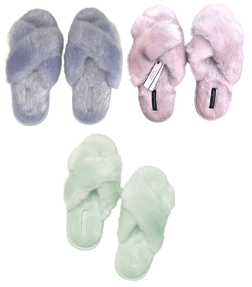 VICTORIAS SECRET SOFT PLUSH FAUX FUR CRISSCROSS SHINE SLIPPERS SLIDES S M L NWT