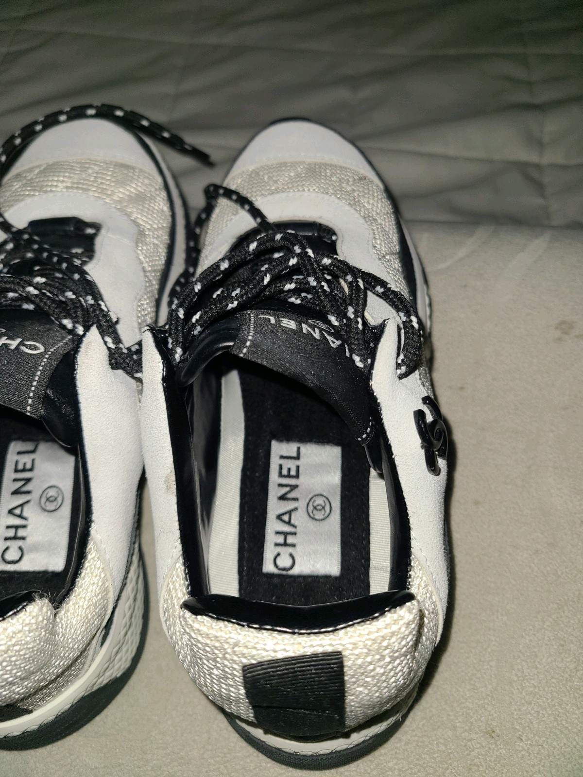 Chanel Mesh Suede Calfskin Quilted Sneakers White Ivory Womens Size 35/US 5
