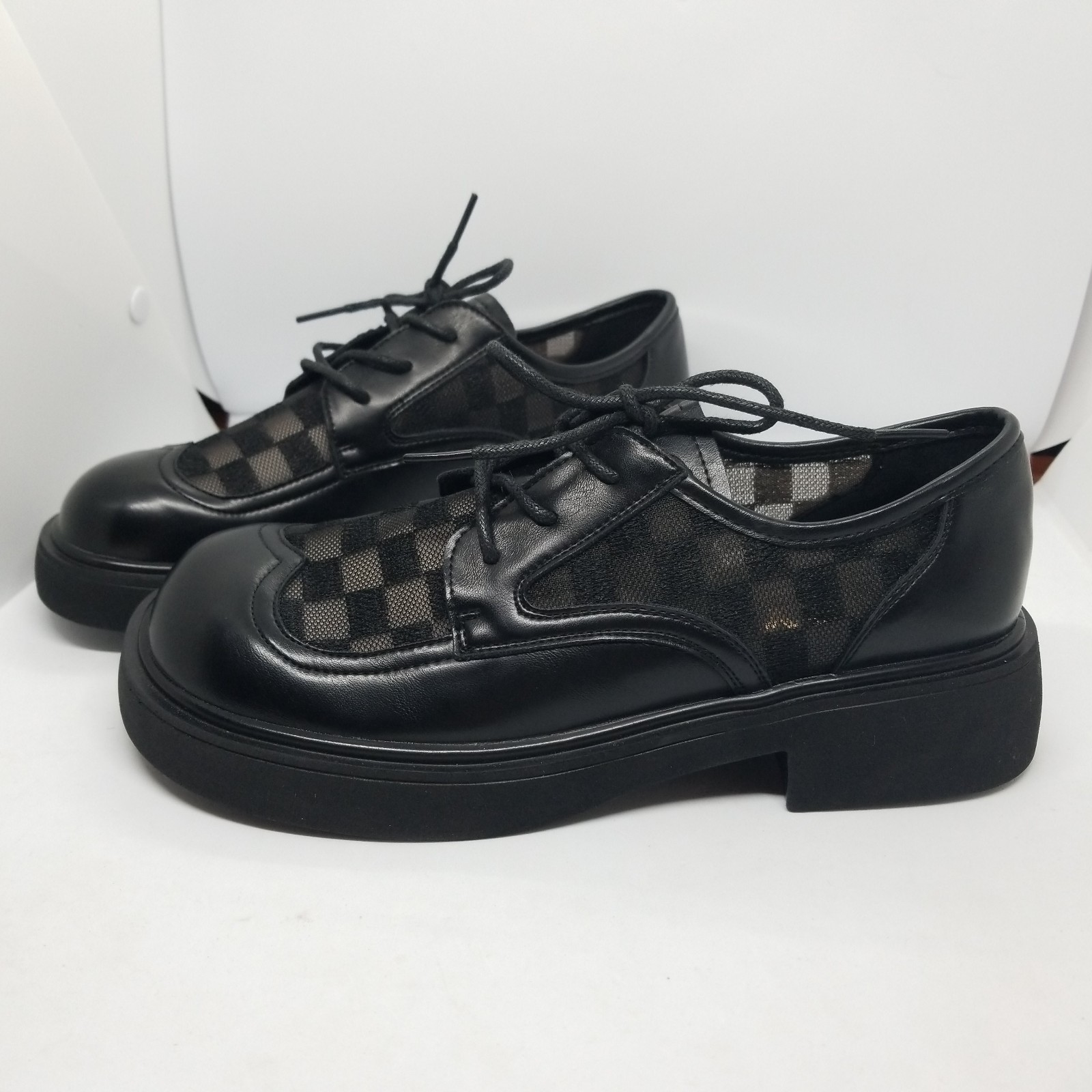 Size 8 Black Man Made Leather Black &Sheer Check Oxford Shoes Grunge