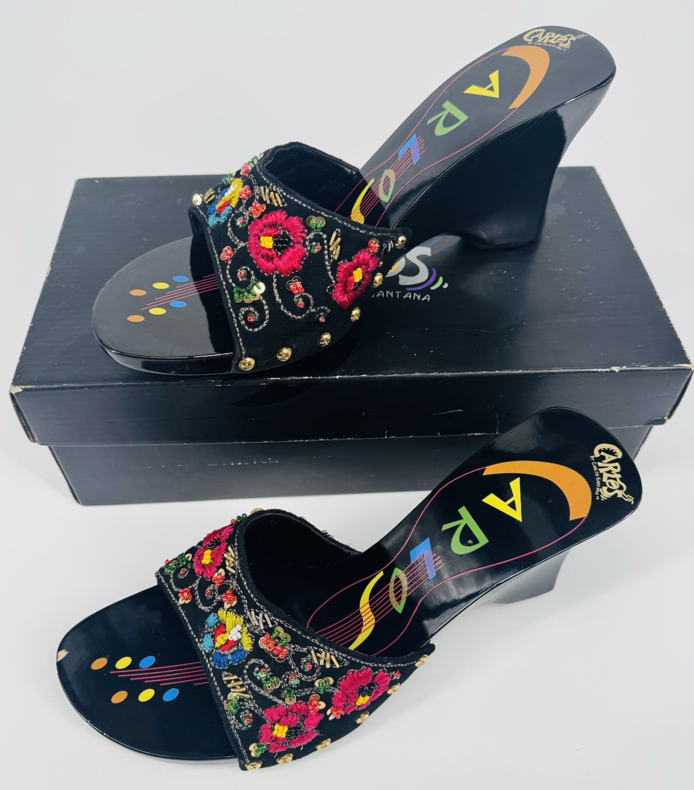 VTG Y2K Carlos by Carlos Santana Paradise Embellished Boho Suede Wedge Mules Sz9