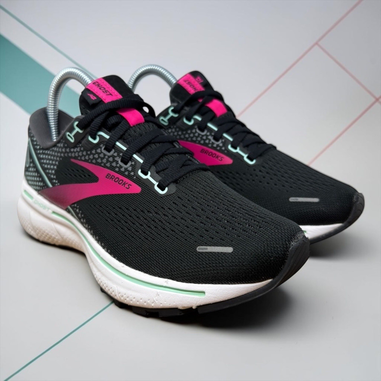 Brooks Ghost 14 Running Shoes Womens 6.5 Black Pink Mint 1203561B013